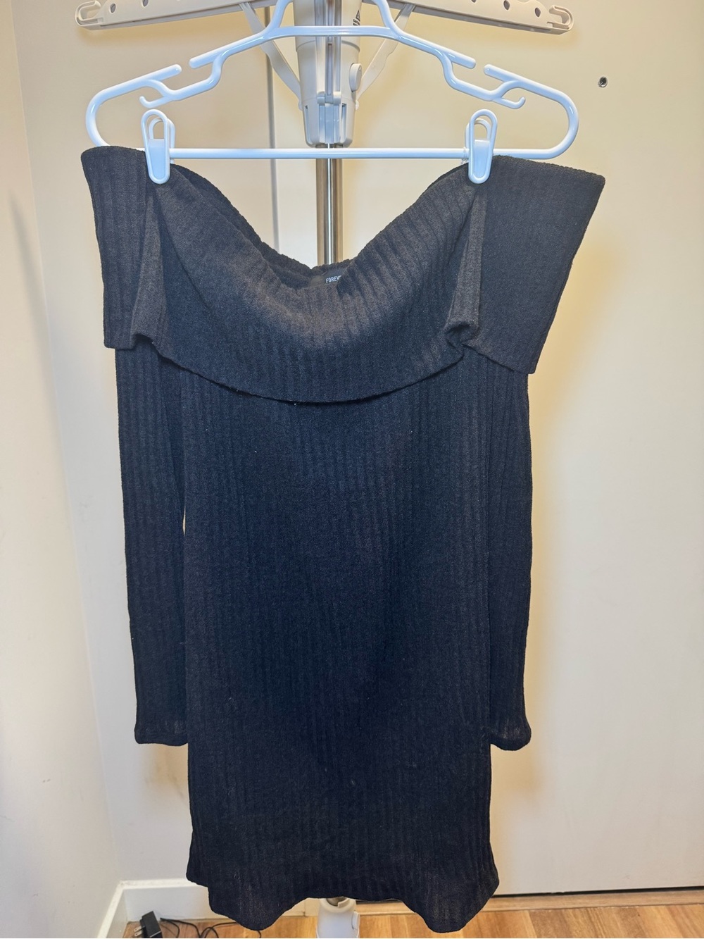Forever 21 Black Off-The-Shoulder Ribbed Knit Sweater Dress